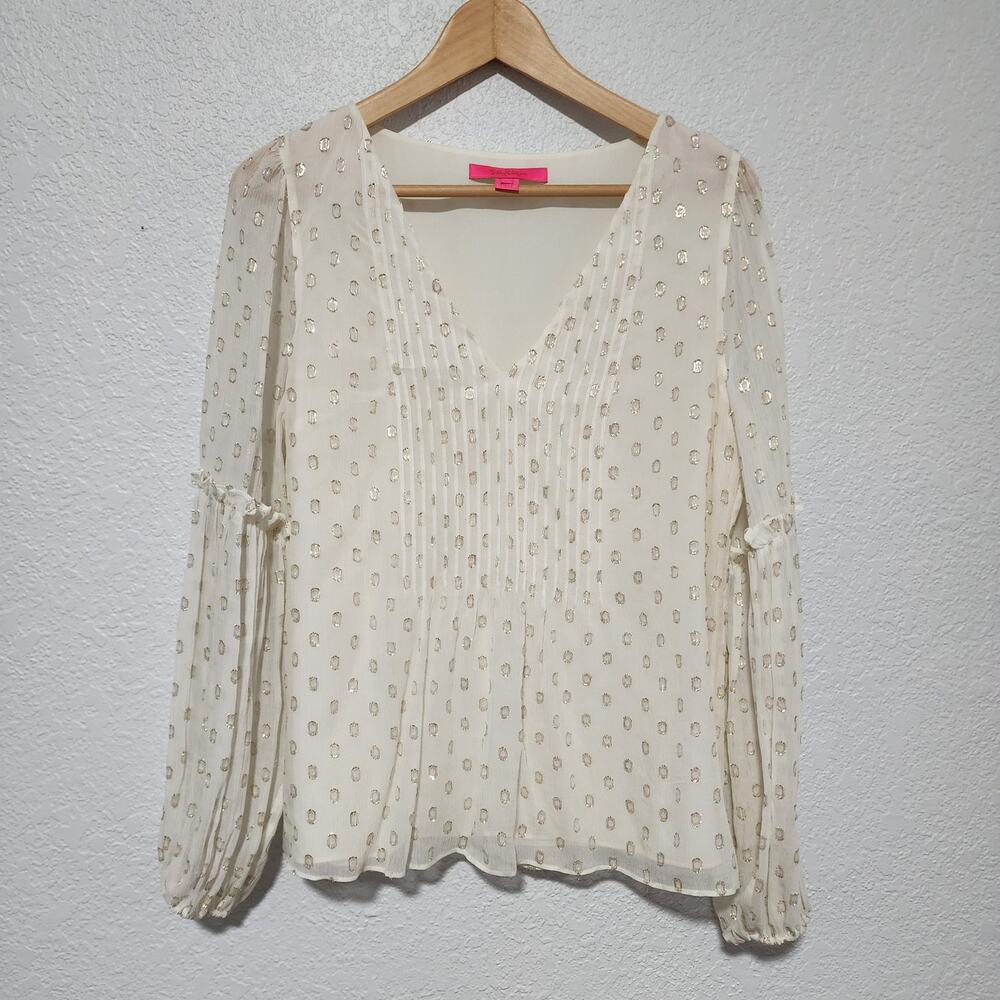 Lilly Pulitzer Ivory Gold Metallic Silk Relaxed Fit Blouse Pleated V-Neck Small - Picture 2 of 10